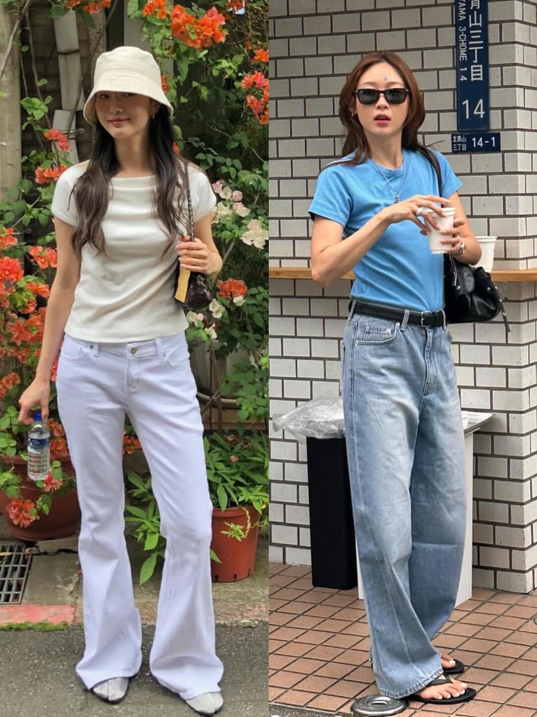 不费力穿出时尚感！基础修身短T搭配显瘦牛仔长裤，利落显比例；温柔针织马甲配半身