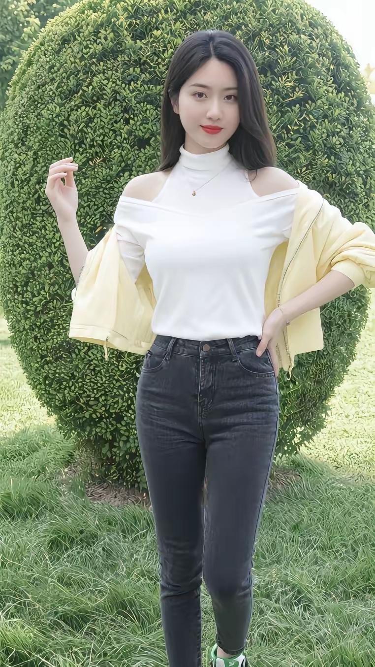 草坪上的元气少女感🌱绿意草坪上，清爽穿搭尽显春日活力。白色露肩高领上衣简约有
