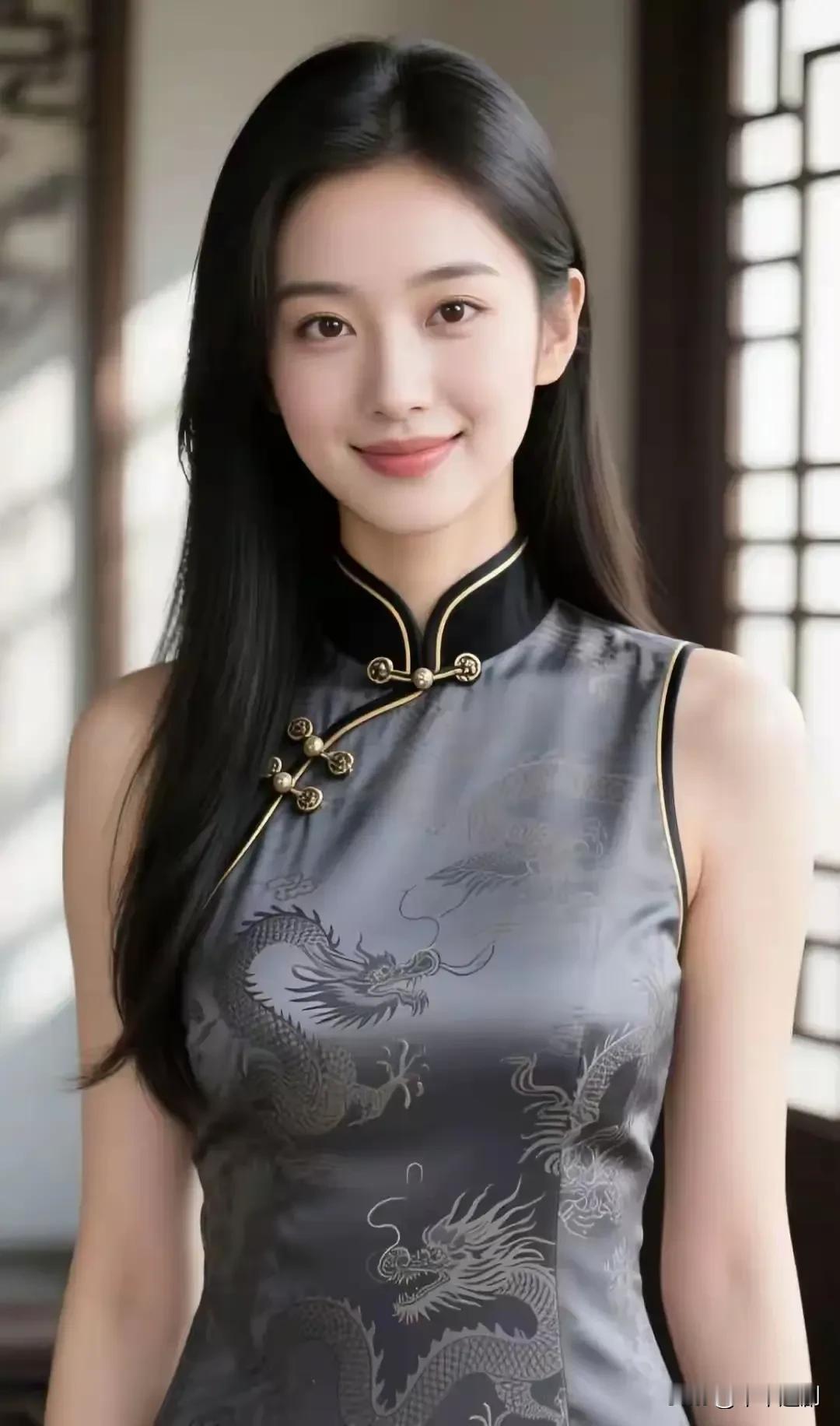 墨缎旗袍缠了龙纹的飒，金扣衬得眉目柔。旧窗棂的光落下来，是刚柔相织的韵。旗袍古