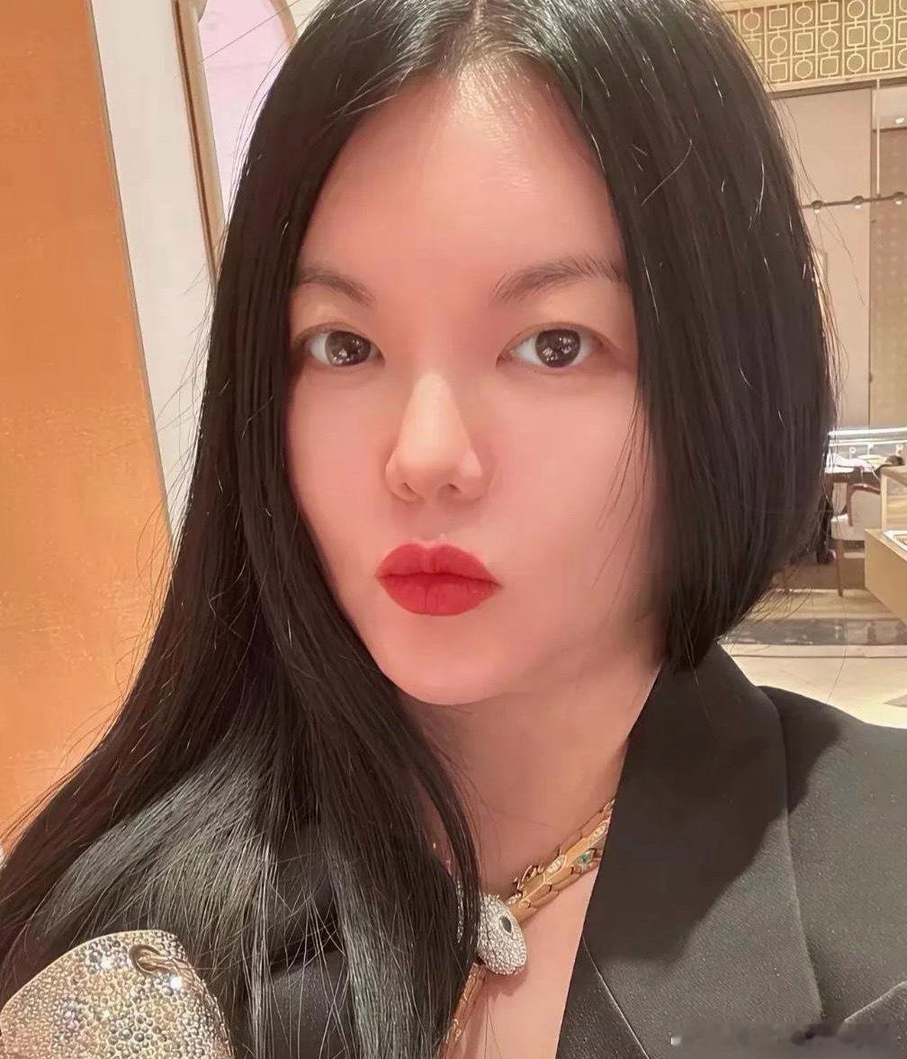 李湘就是霸气，佩戴了一个镶钻金蛇项链，是绕颈的，蛇的眼睛镶着钻石，蛇皮是金子打造