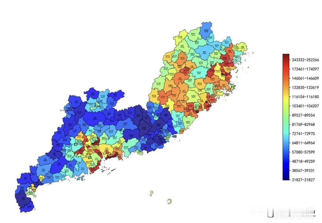 福建与广东两省各地区人均GDP可视图，颜色越蓝表示越低，越红表示越高