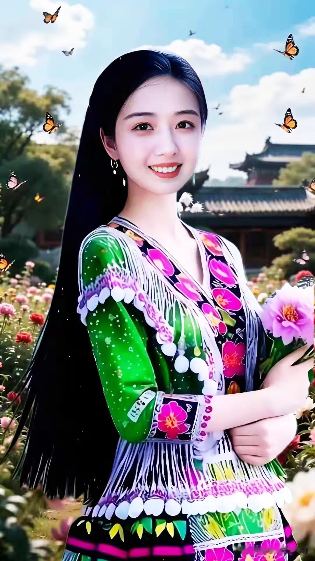 花海中的民族风少女，蝴蝶翩翩起舞