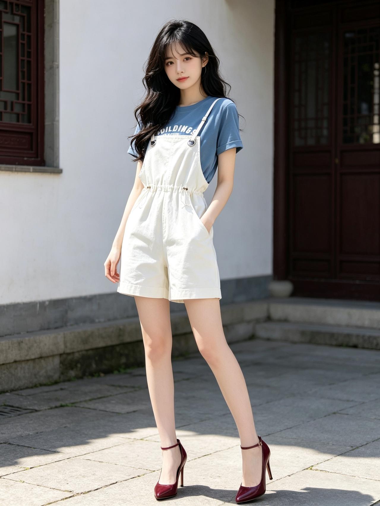 女孩子怎么穿搭既时尚又好看?蓝T恤配白色背带裤，红高跟鞋点亮复古风，阳光下的少女