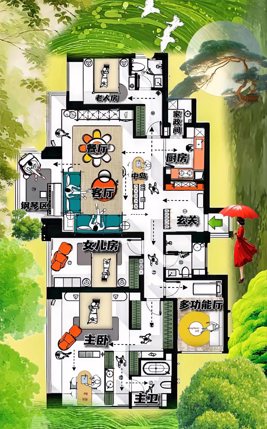 不愧是201㎡，我最喜欢的户型，单身娃的快乐窝，一个钢琴区，另一个看中岛，杂糅了