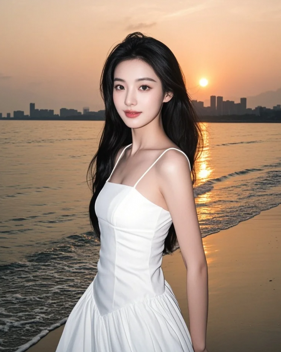 阳光为沙滩镀金，她长发及腰，笑容如花，气场全开