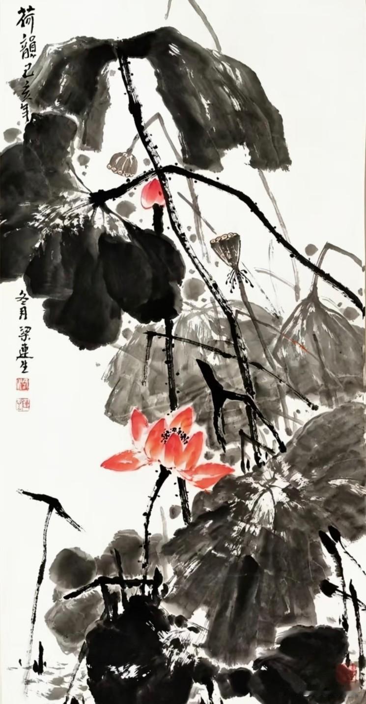 荷塘清趣泼墨写荷，鸟立莲梢，尽得池畔风雅京墨文化国画荷花
