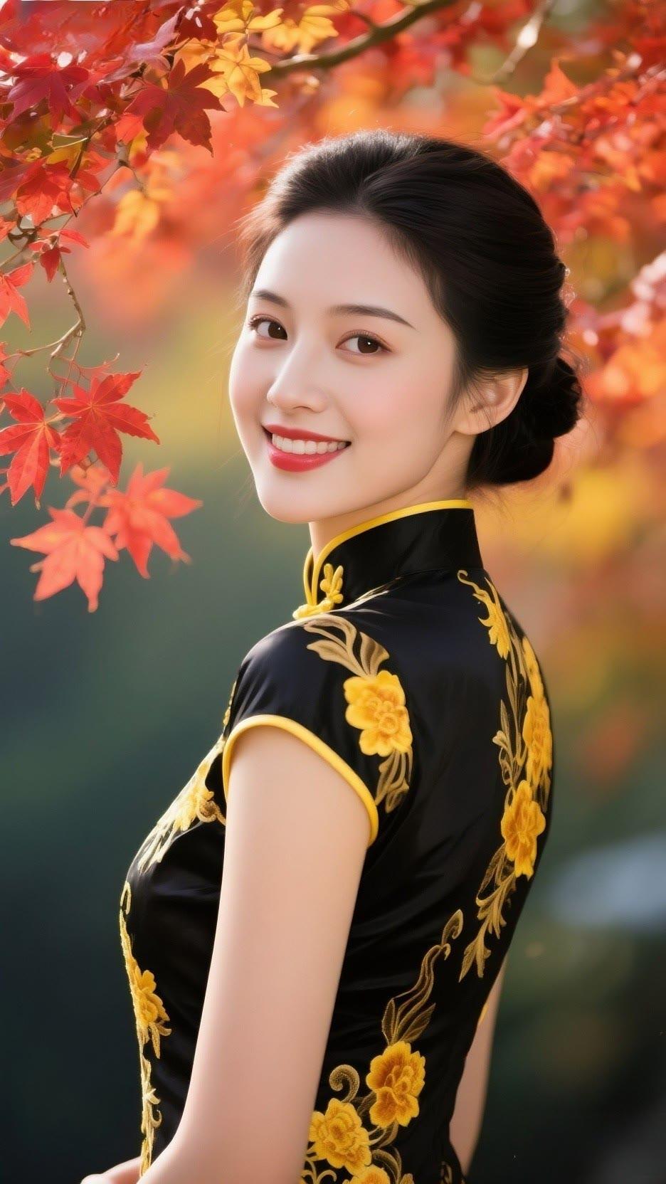 秋日暖阳下，笑靥如花，红叶映衬，古典韵味。