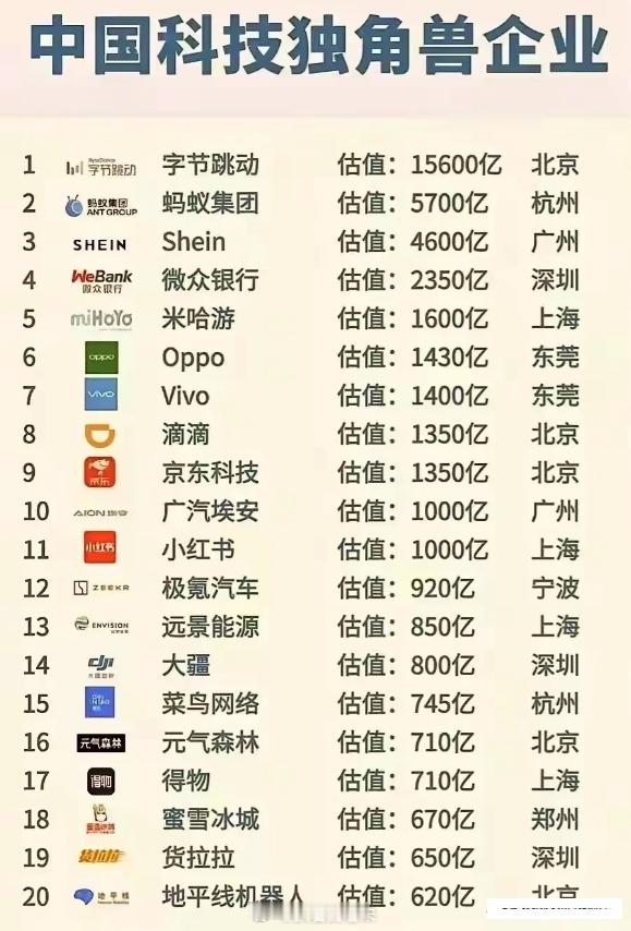 中国科技独角兽公司20强