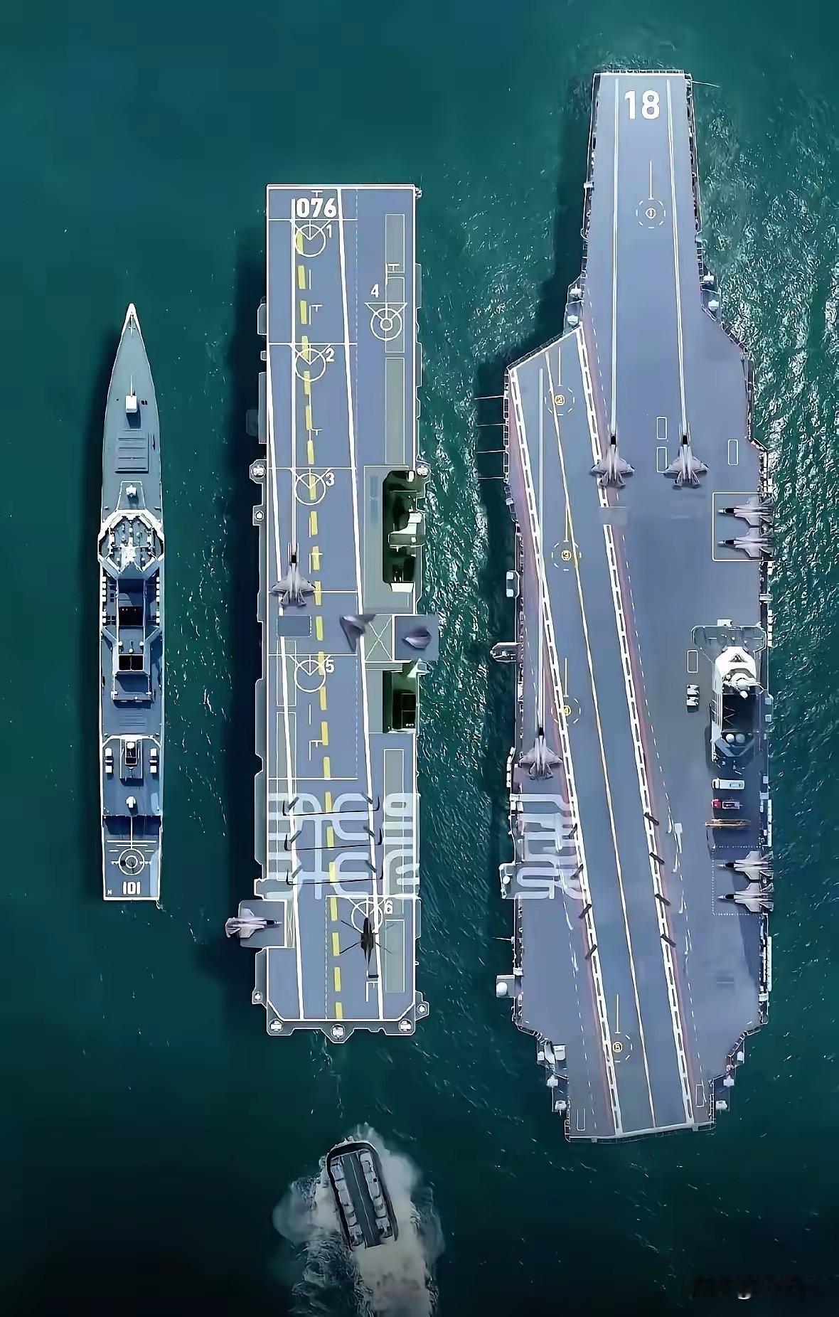 好家伙，055型大驱好歹也是万吨级的大驱了，也算是海上巨无霸了吧，但是在076两