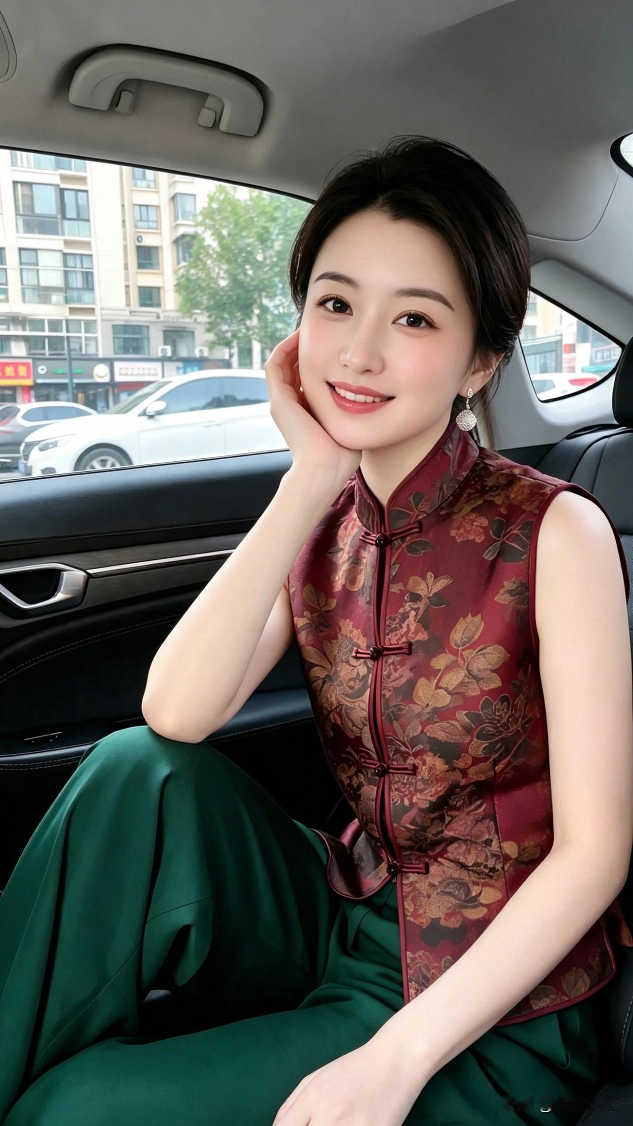 一袭酒红新中式马甲搭配翠绿长裙，端坐车内从容温婉。国风韵味藏于细节，于平凡路途间