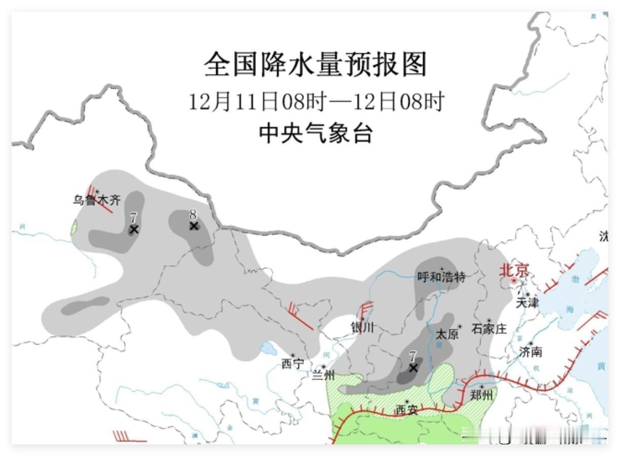 12月11日到13日，中国北方，大范围降雪啊！尤其是呼和浩特+太原+石家庄+郑州