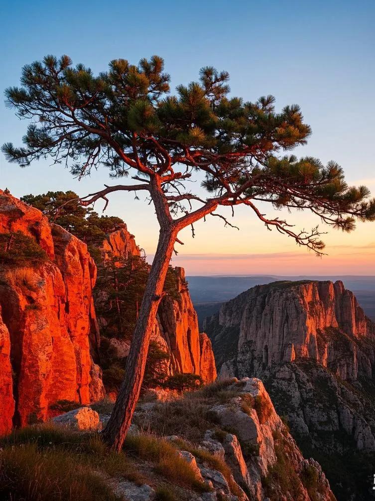 舍身崖边，夕阳把峭壁染成赤色，松树在风中倔强挺立。峭壁青松风景秋韵美景分享