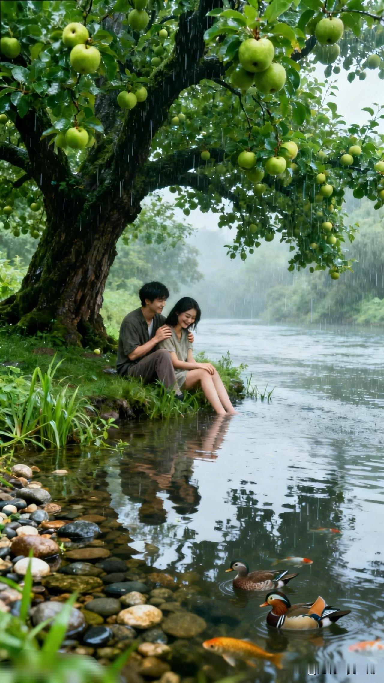 雨中漫步，情侣树下相拥，静享浪漫时光。🌧️💑🍃分享唯美照片