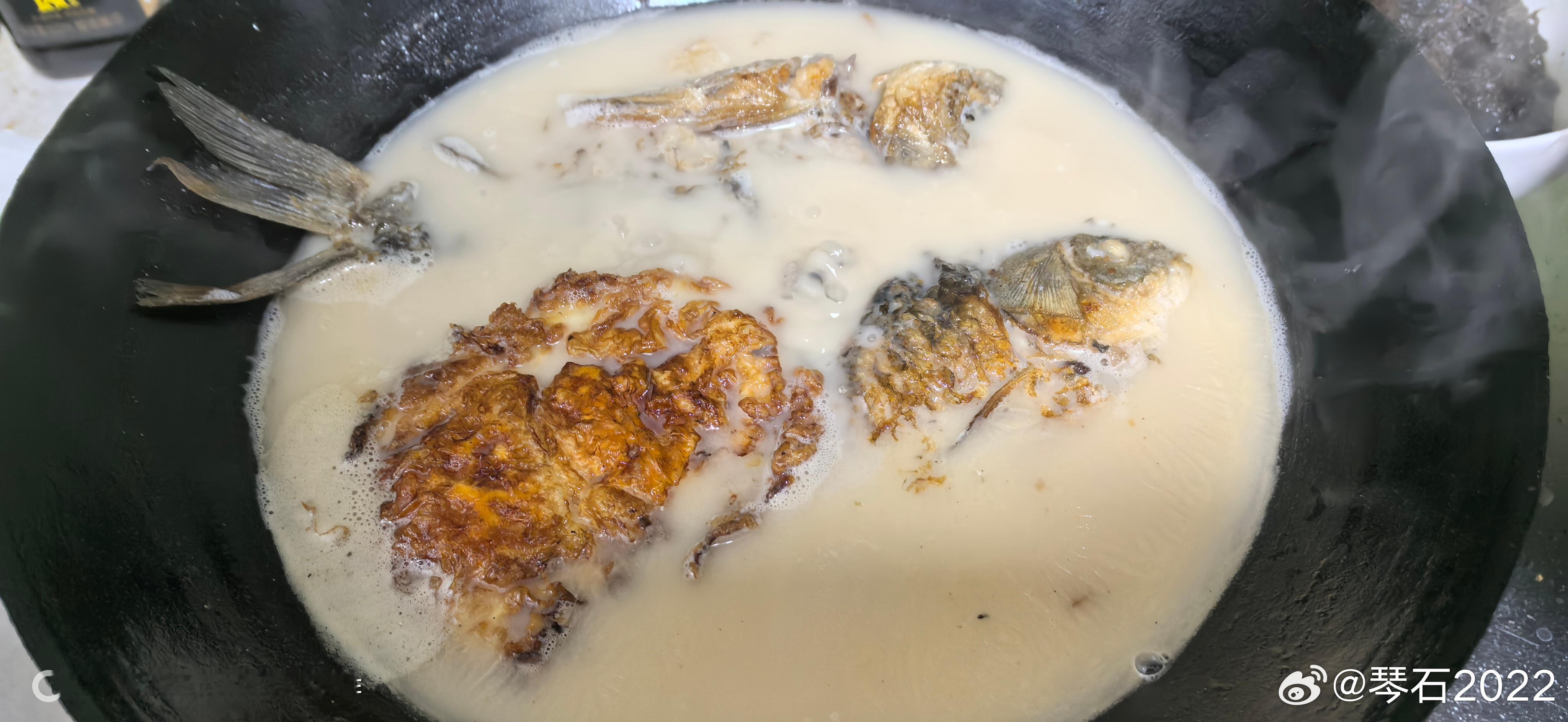 昨天剩的两条，煮了一个荷包蛋鲫鱼汤只有姜片、胡椒粉、盐、青白蒜叶，没有其它。对于