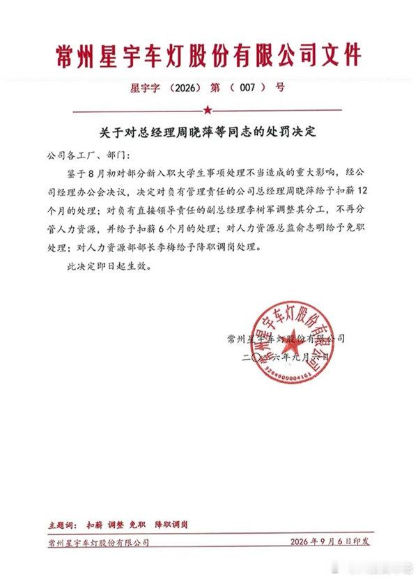 【劝退107名应届生！星宇股份发布处罚公告】星宇股份总经理被扣薪12个月9月7日