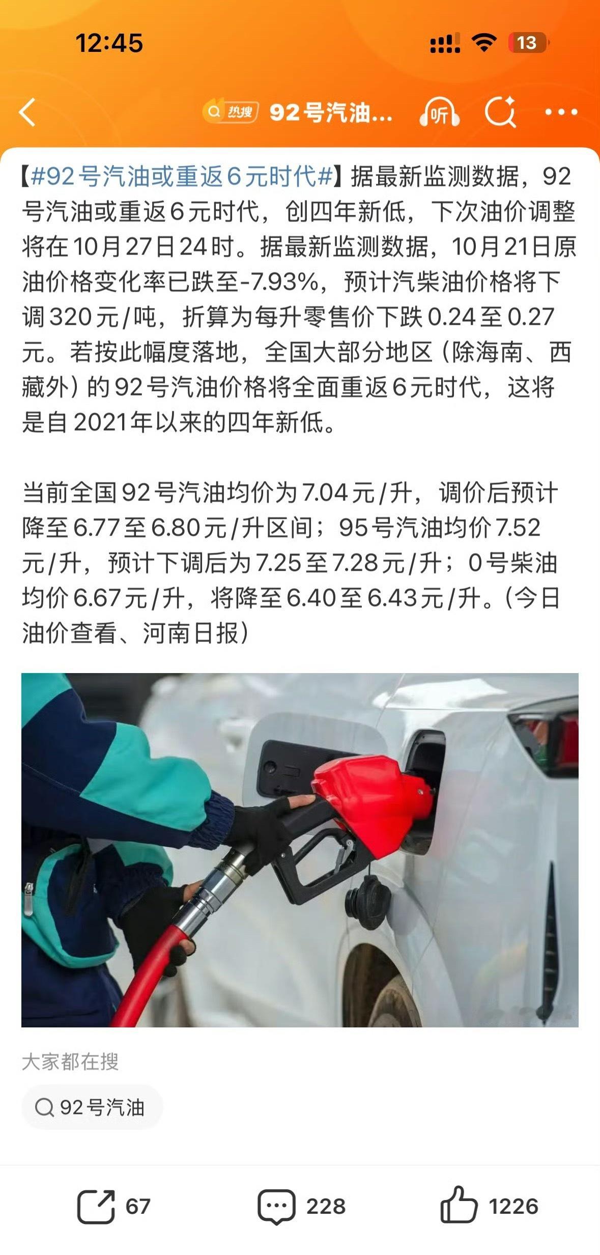 92号汽油或重返6元时代油价降回了很多年前的样子，但关注的人却在变少。​​​