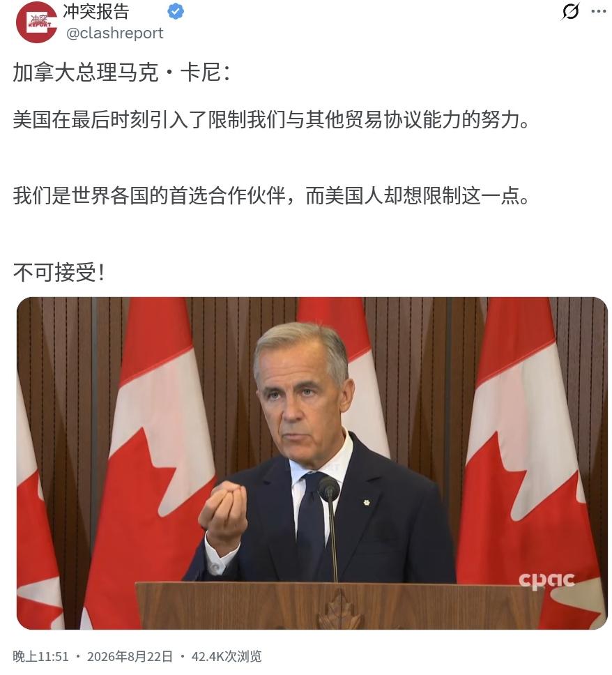 加拿大总理马克·卡尼昨晚（北京时间8月22日晚）表示：“美国在最后几个小时采取措