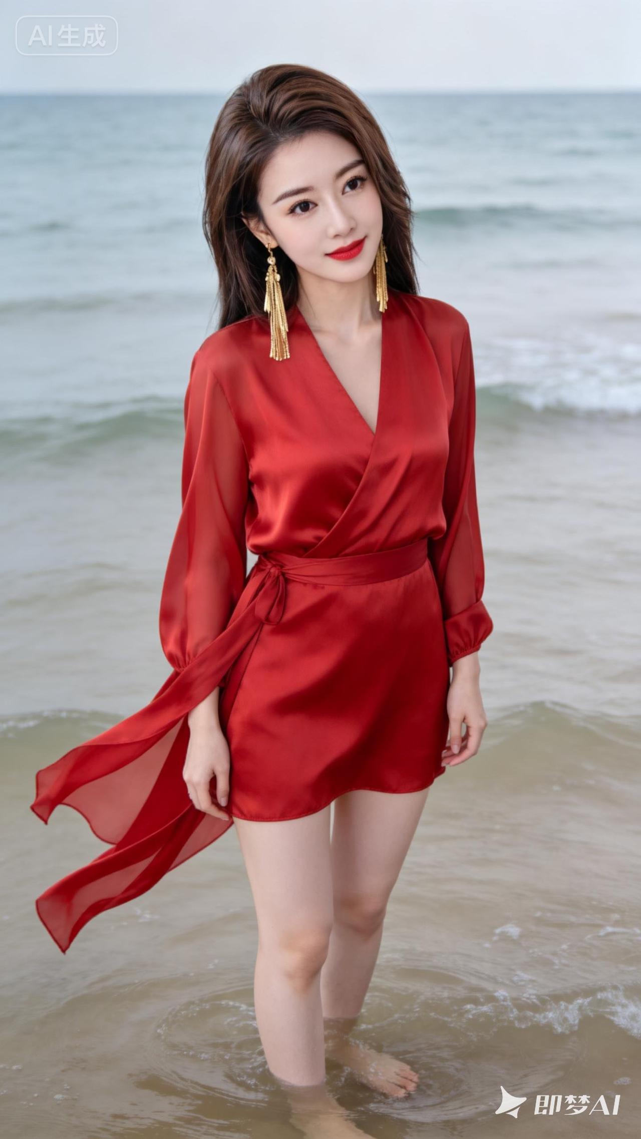 年轻佳人肌肤雪白透亮，红色丝绸雪纺飘带上衣飘带飞扬，尽显灵动。棕色长发直发，精