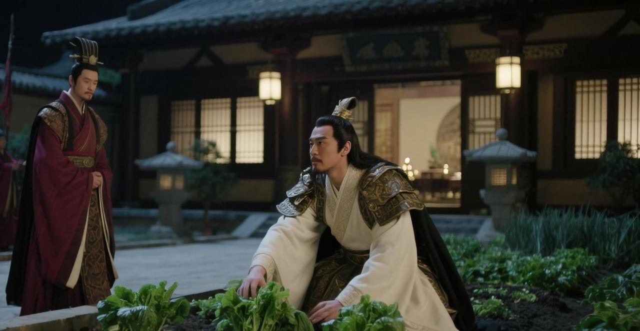 卫青大破匈奴后久居府中，汉武帝疑他功高震主，深夜临府。见卫青在院中种菜，武帝问其