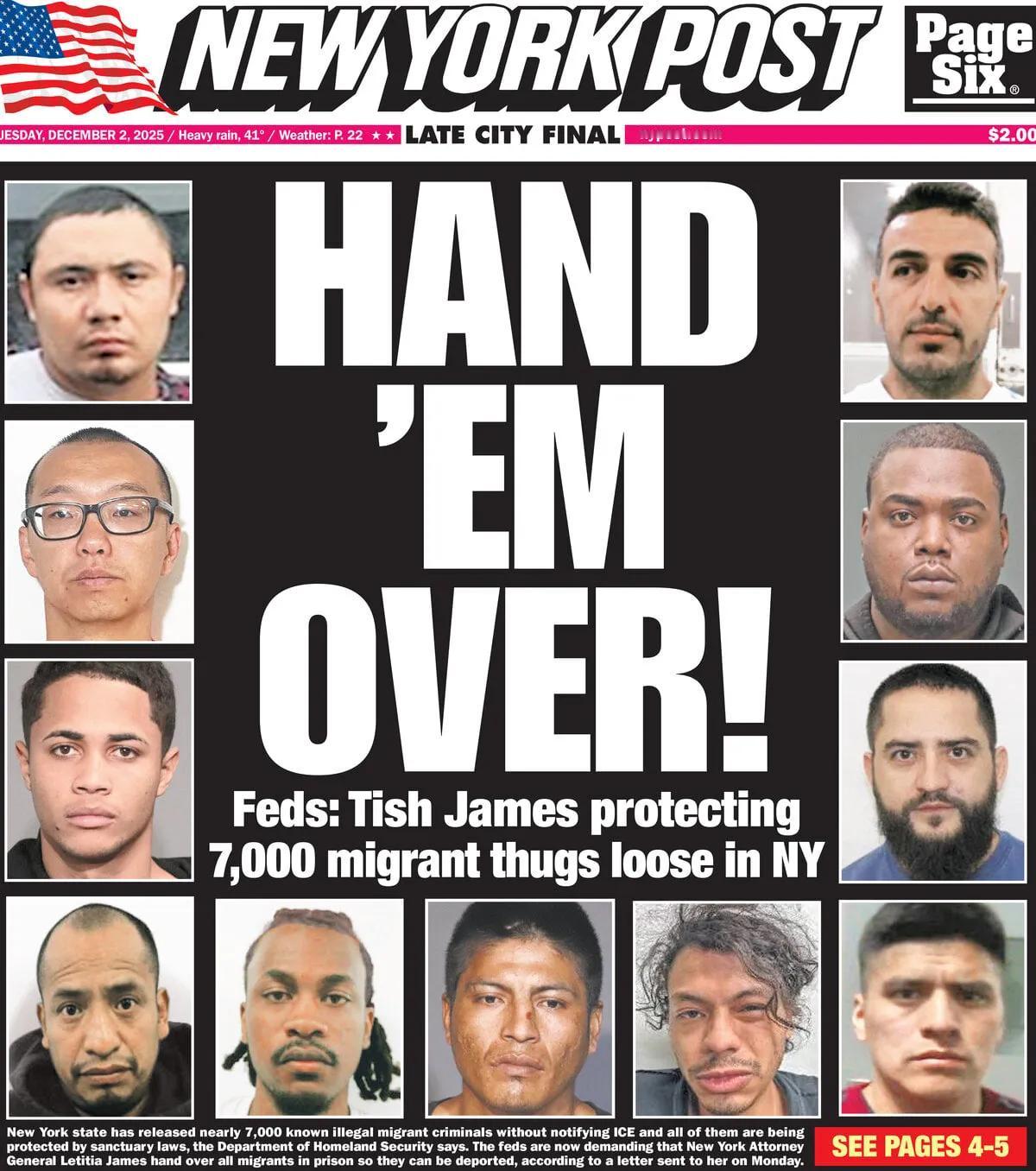 亲特朗普阵营的《纽约邮报》头版报道称，美国国土安全部表示，纽约州在未通知移民和海