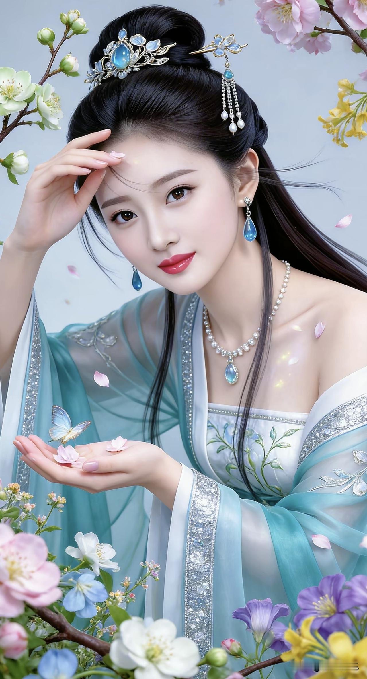 仙气飘飘的汉服美人，手捧蝴蝶，宛如画中仙子。分享你手机中的花花草草什么手链好看