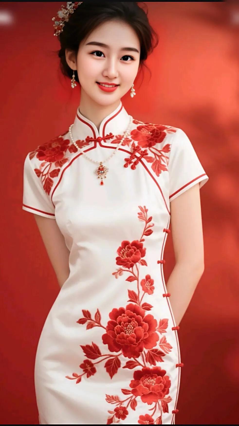 复古旗袍，红白相间，优雅动人！