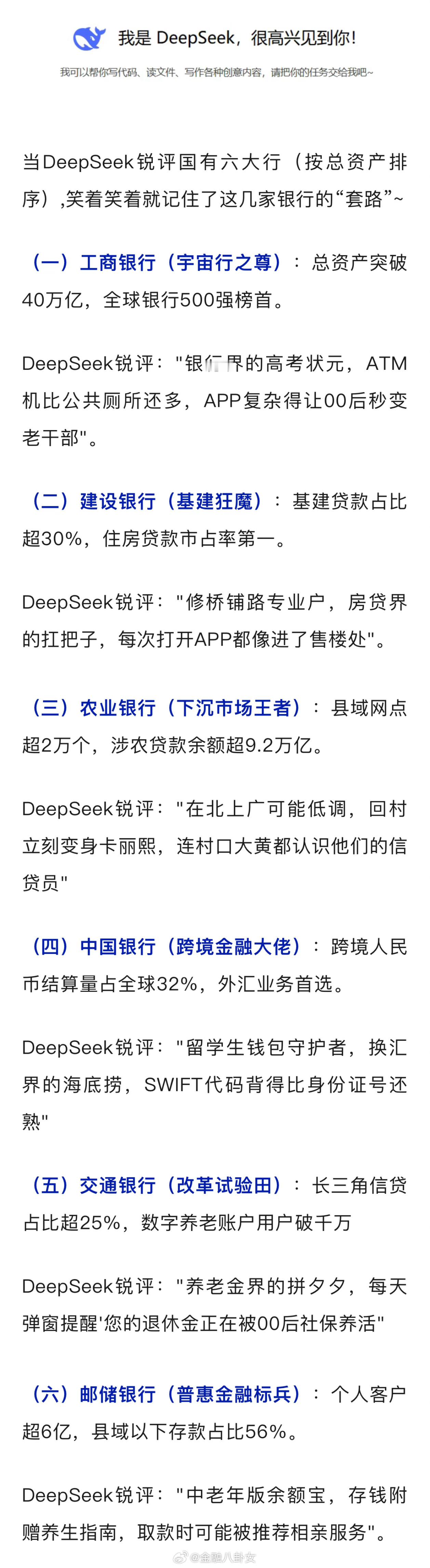 当DeepSeek锐评六大行[doge]