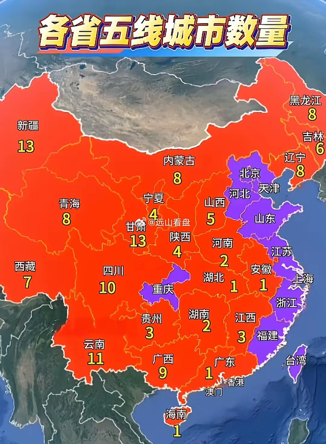 各省五线城市数量1.没有五线城市的省份：福建，浙江，江苏，山东，河北2.五线城市