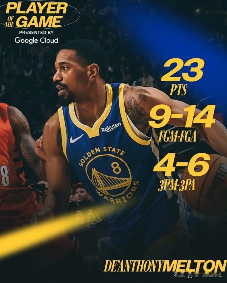 勇士大将梅尔顿终于被重视了！在今天勇士主场以119：97大胜开拓者的比赛中，梅尔