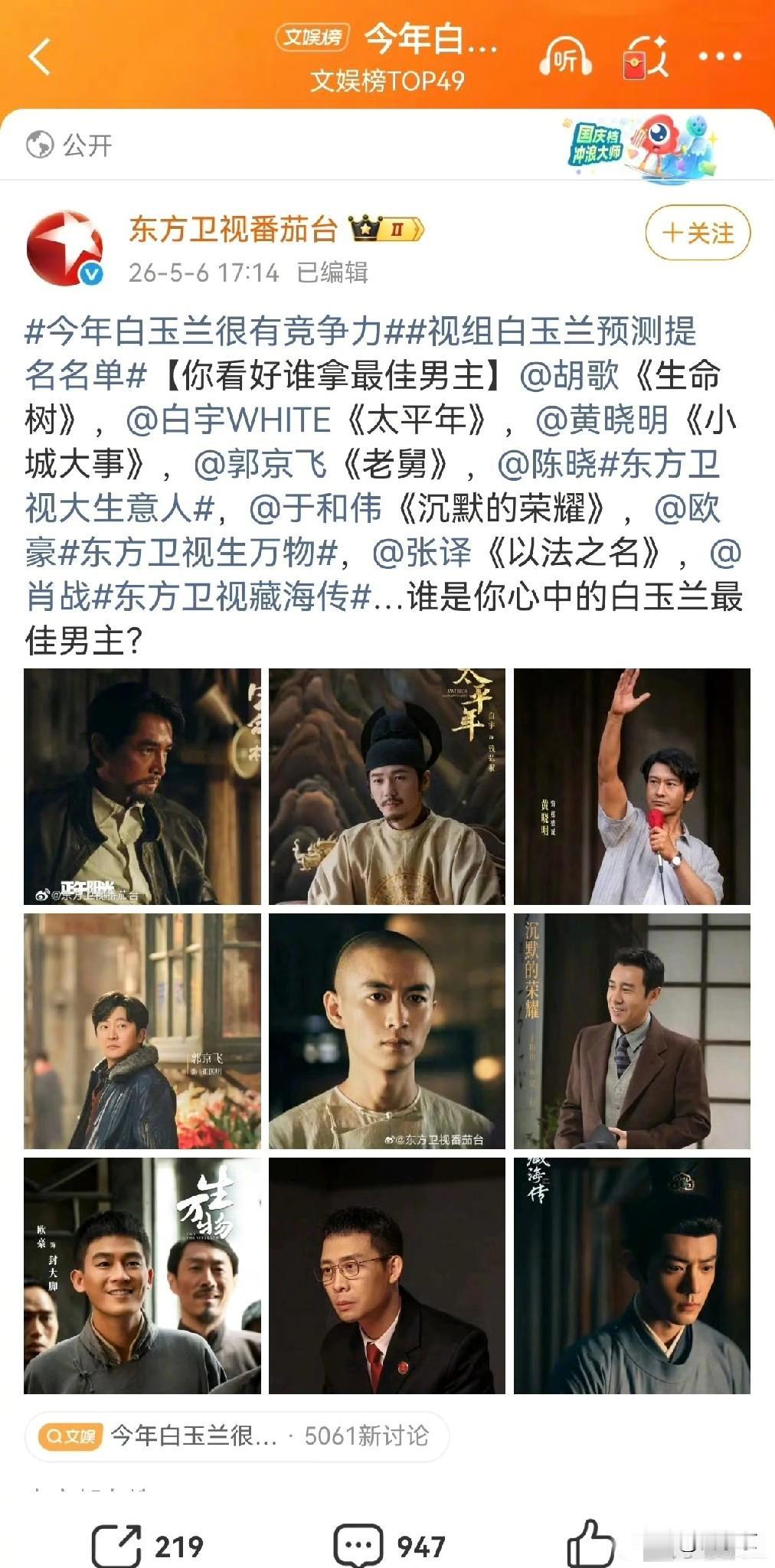 白玉兰提名闹乌龙，成毅被名单溜了一圈。网上传出一张白玉兰视帝提名名单，直接冲上热