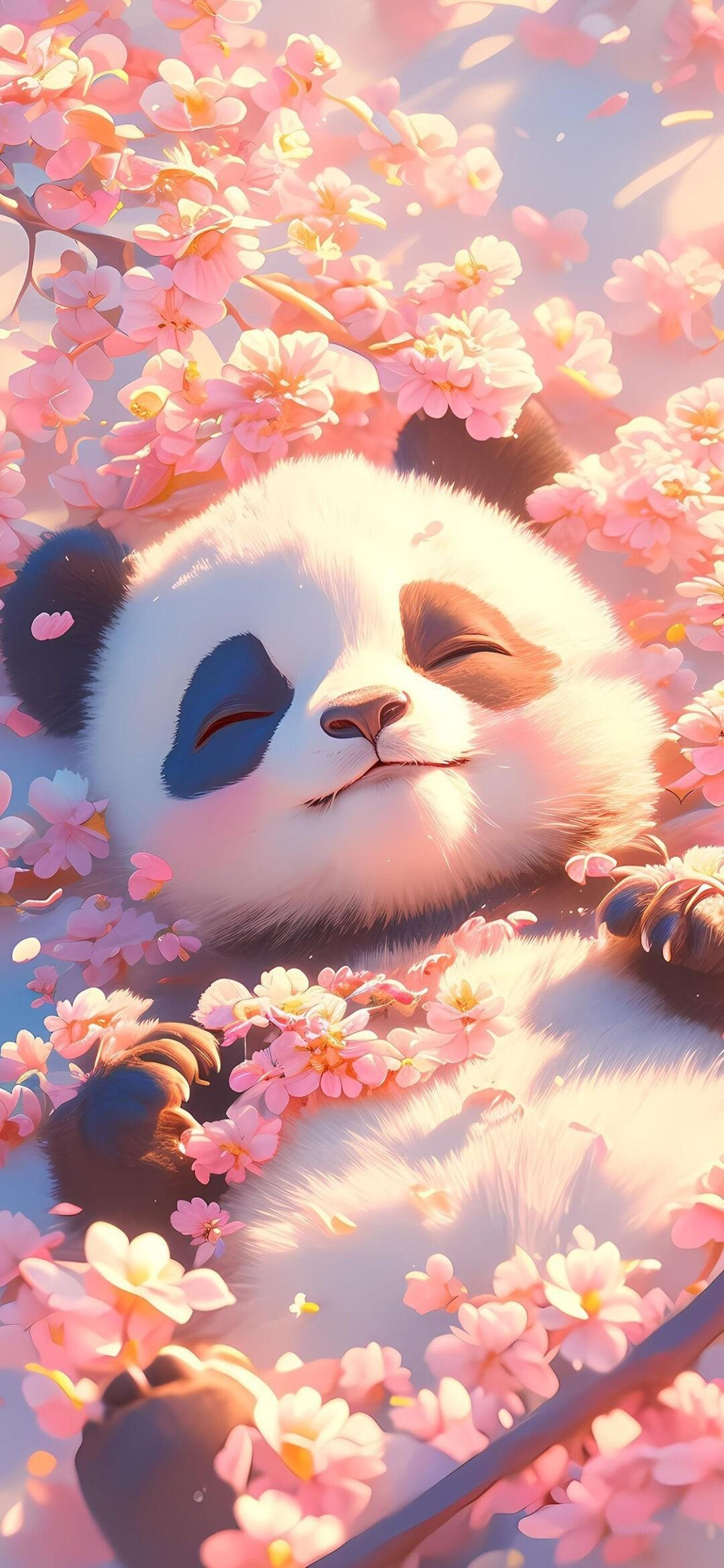 换新壁纸啦！柔粉的樱花铺满画面，像一层甜甜的云。小熊猫安静闭眼躺在花海里，毛
