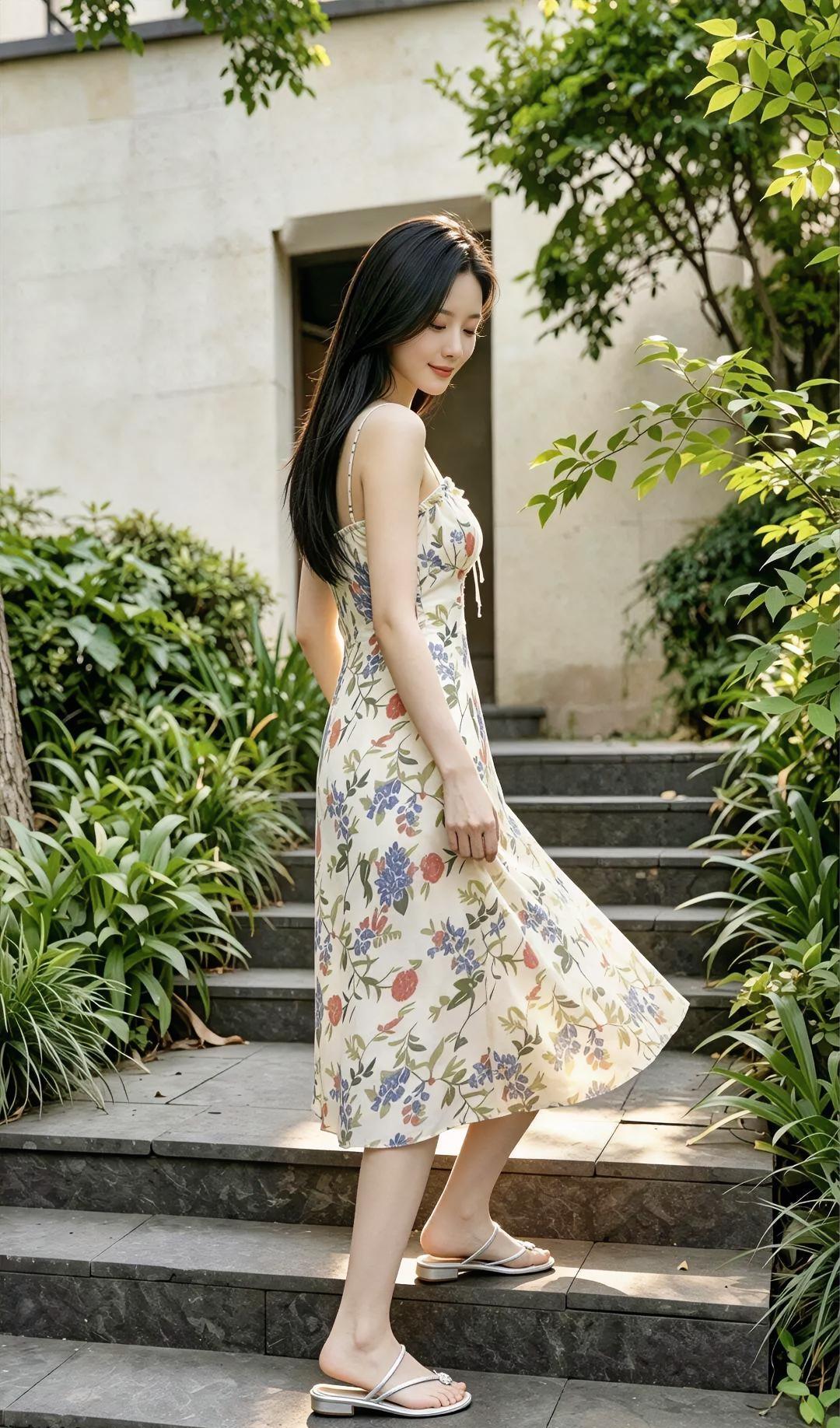 碎花裙轻扬，石阶慢慢下。树影洒肩膀，风也悄悄夸。白墙绿意绕，