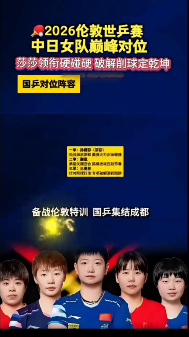 2026伦敦世兵赛，中日女队巅峰对位，莎莎领衔硬碰硬破解削球定乾坤。国乒对位阵