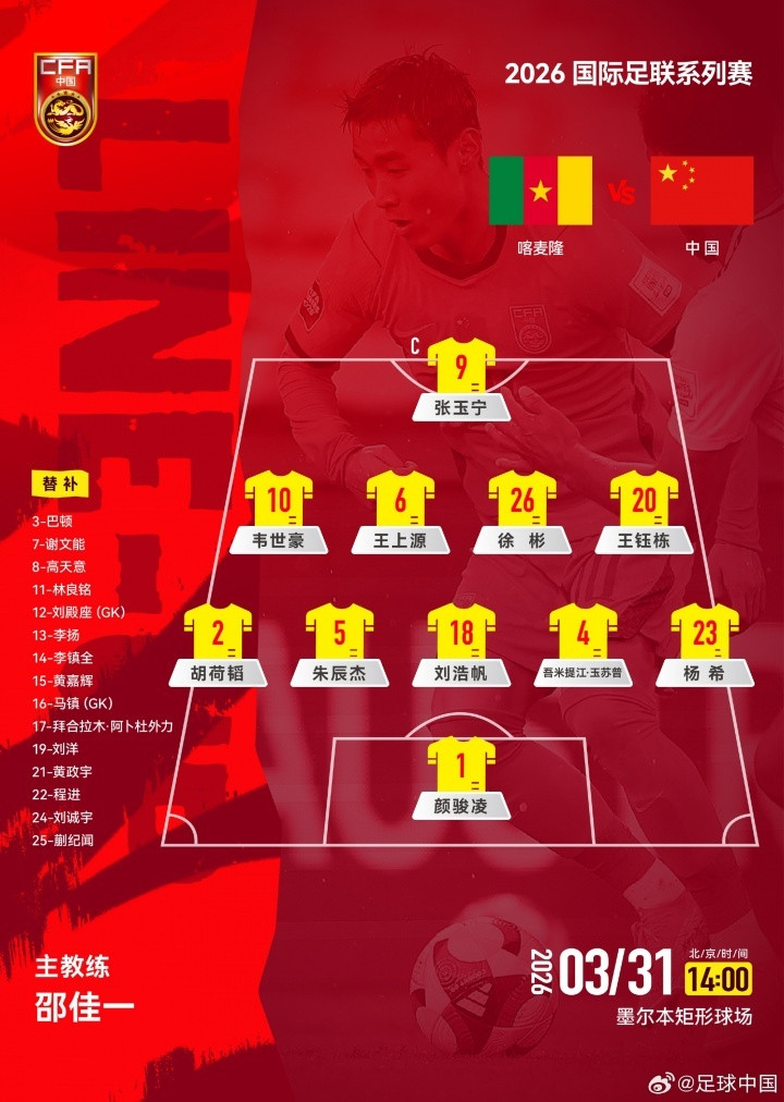 #国足两场首发变动#FIFA系列赛，国足vs喀麦隆首发出炉，球队变阵541以守为