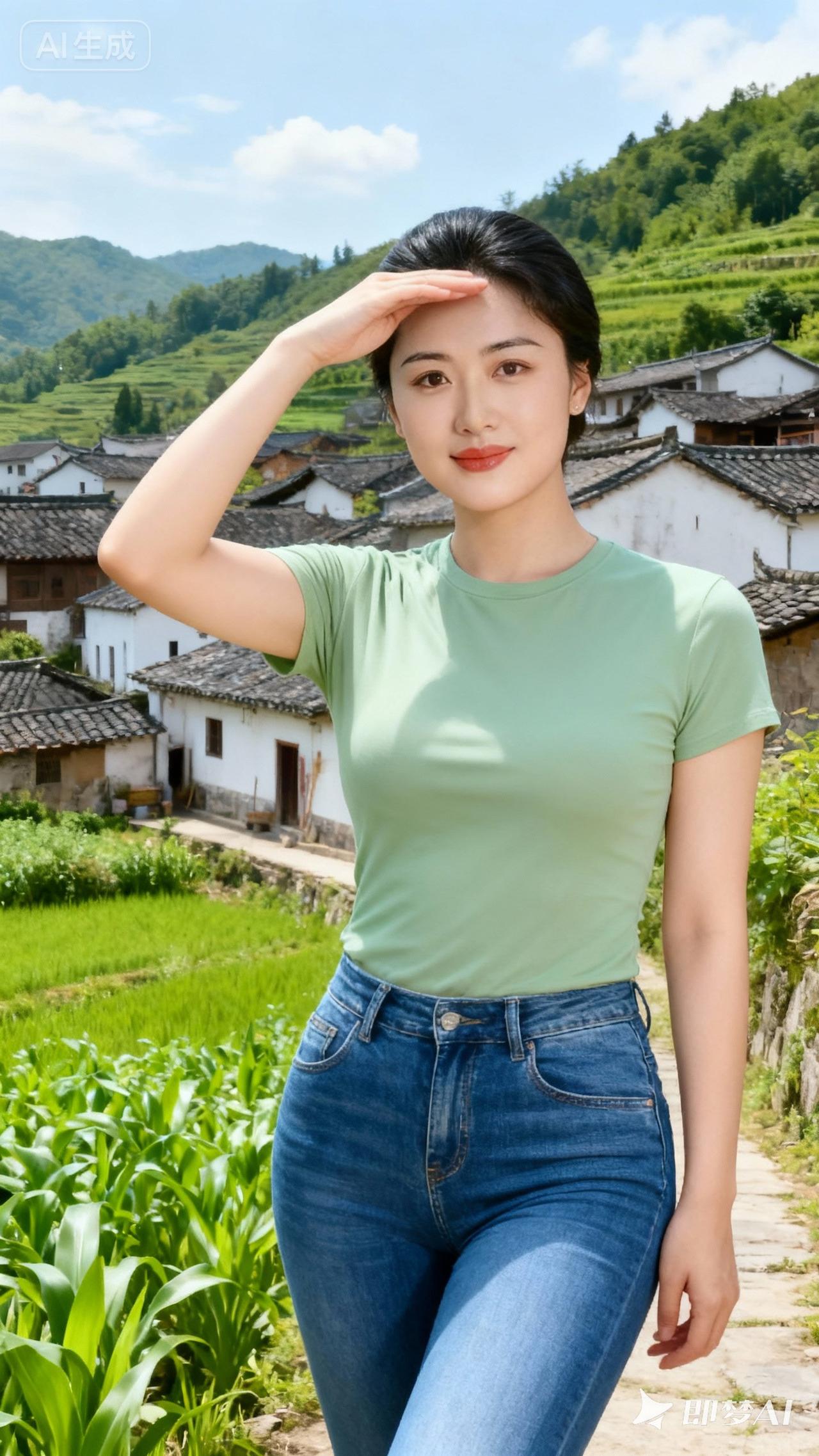 田园少女漫步在乡村小路，绿意盎然，清新自然。