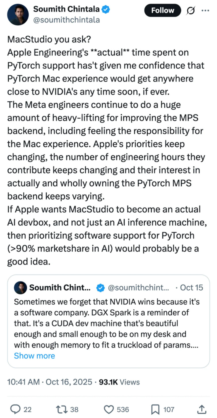 刚看到一个观点：为什么没人用MacStudio做AI？PyTorch核