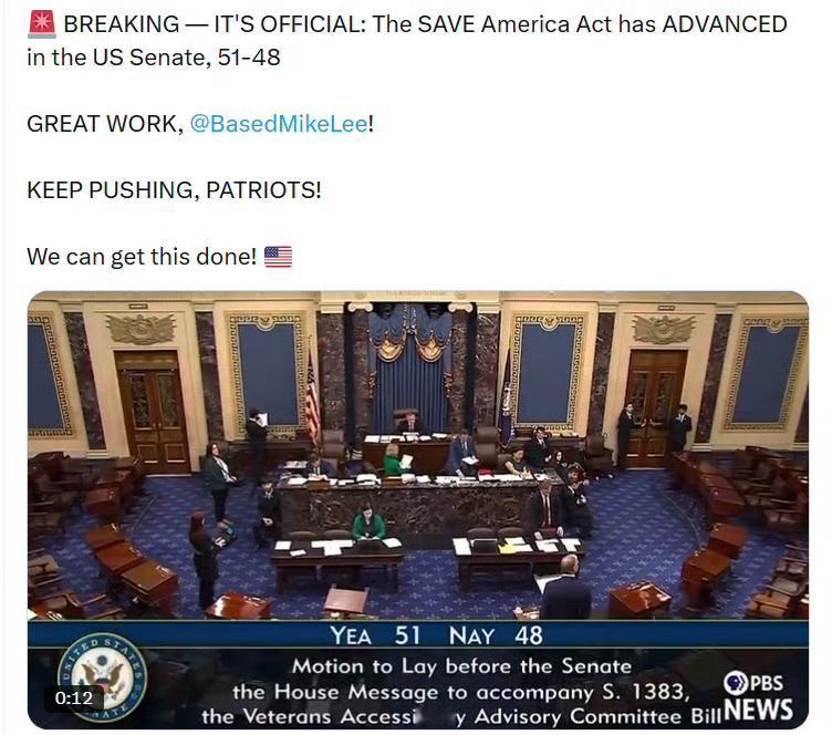 《拯救美国法案》在美国参议院推进通过，投票结果为51比48。​​​只有两位共