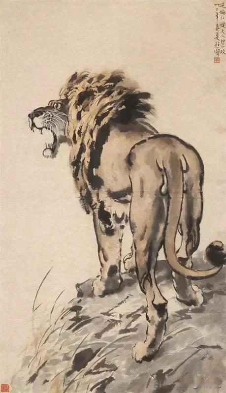 有人说徐悲鸿的狮子比马画得好，这说法有一定道理。大家都熟悉他画的马，四蹄生风，粗