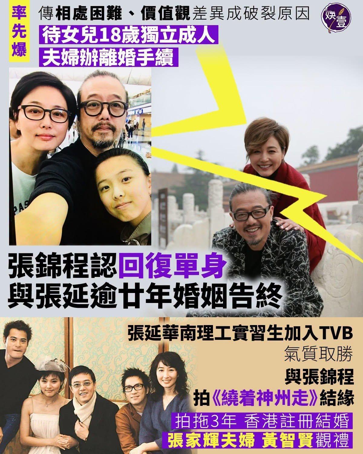 港媒《娱壹》报道，张锦程与张延因价值观南辕北辙，导致夫妻关系破裂，二人已分居多时