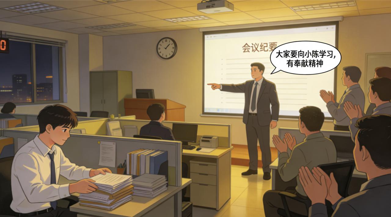 新来的同事小陈，每天都是最后一个走。领导在会上公开表扬：“大家要向小陈学习，有