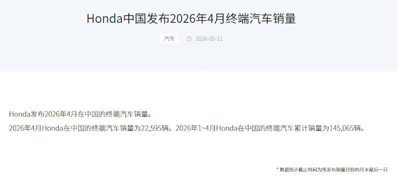 本田中国公布了4月成绩单，单月终端销量仅22595辆，同比近乎腰斩（下跌48.3