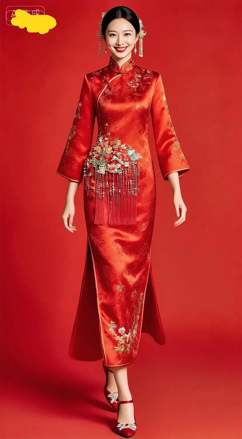 一袭正红旗袍，裁尽东方浪漫。丝滑提花面料衬出温润光泽，立领盘扣藏着中式雅致，鎏金