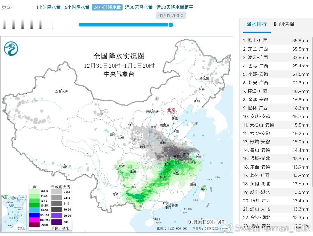 【降水】跨年的雨雪过程，明天暂告一段落。降水向西南收缩。不过未来西南暖湿气流依然