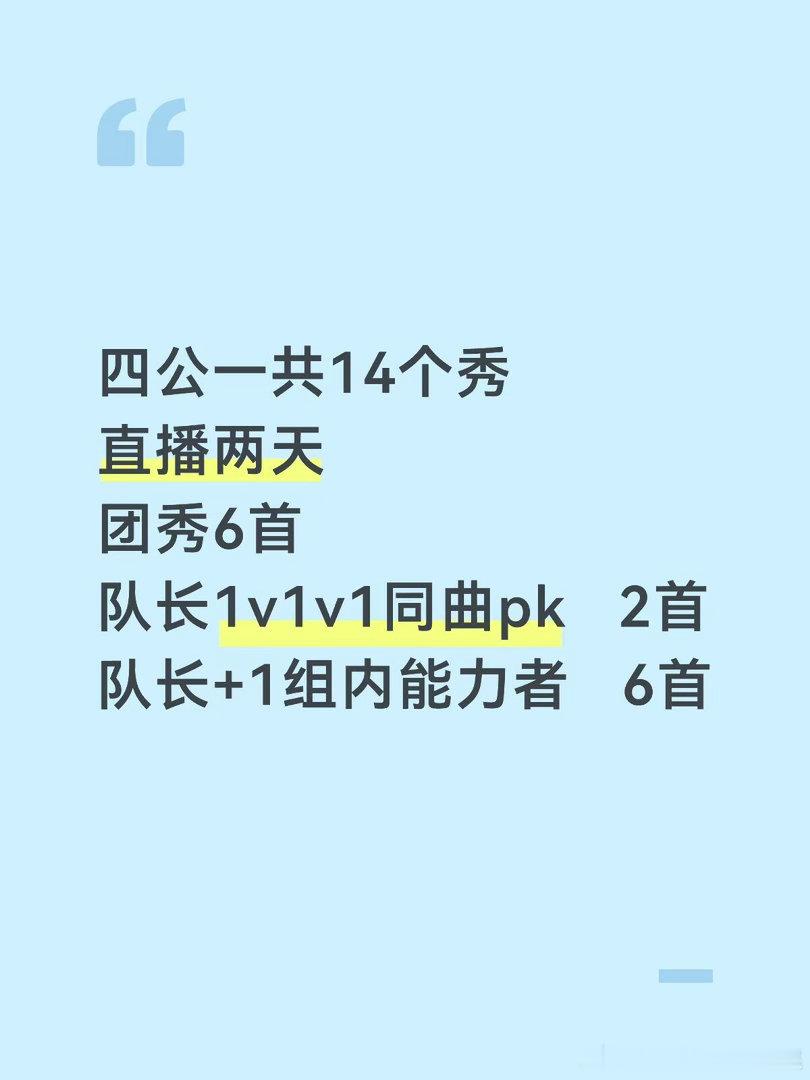 四公舞台信息四公一共14个秀，分两天直播团秀：6首队长1v1v1同曲pk：2首队