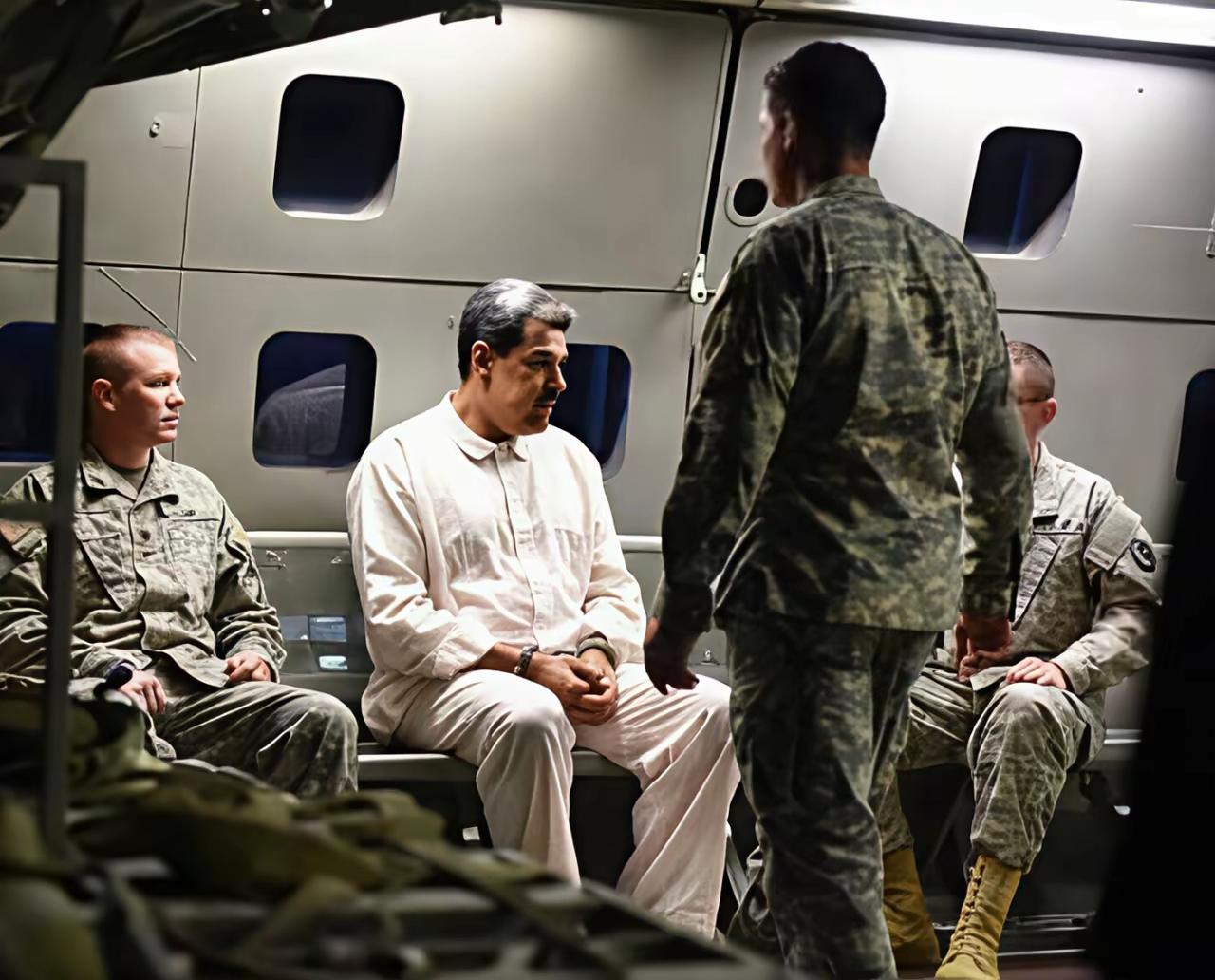 马杜罗被三角洲特种部队羁押之下的照片，马杜罗已经被戴上了手铐，但精神状态看起来还