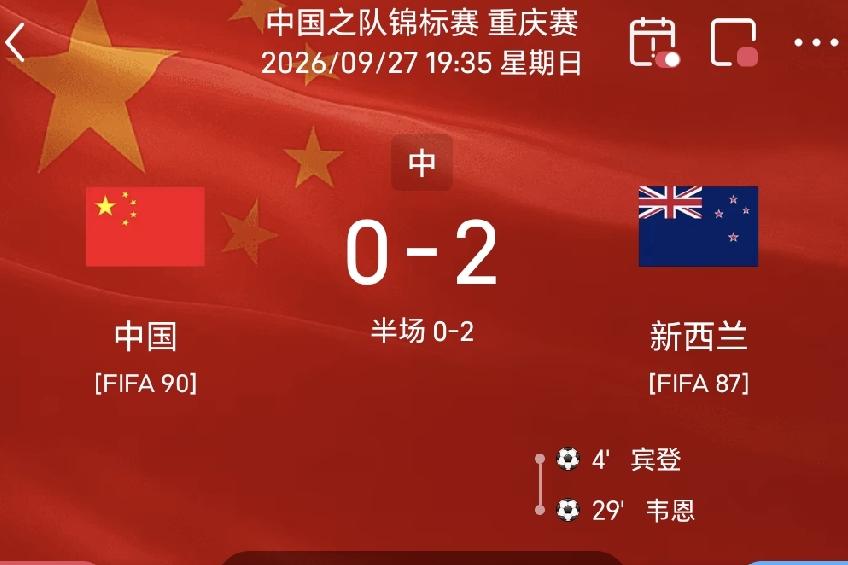 半场战报，中国队0-2新西兰北京时间9月28日19:35，中国之队锦标赛重庆赛