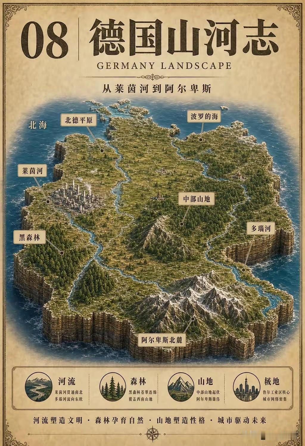 德国地形与考察线路略图