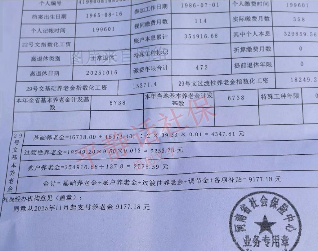 河南省近万元养老金！首先这是企业退休案例，并非事业单位。男性，1965年8月