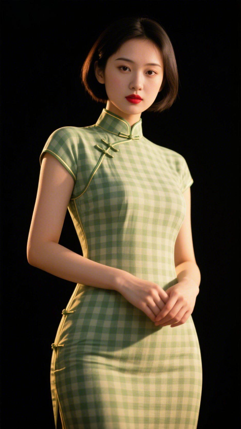 青格旗袍里的雅墨色背景里，一身青格旗袍像浸了春溪的柔。嫩绿色的格纹衬着温润