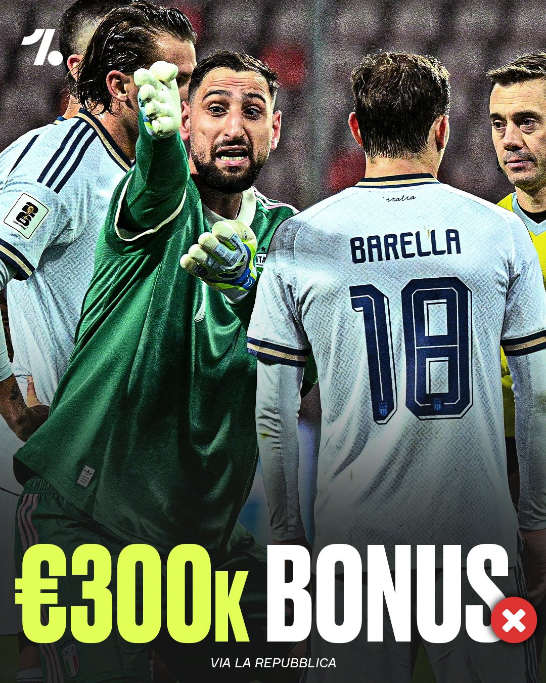 据报道，意大利球员要求获得30万欧的奖金，以在世界杯预选赛中击败波黑队，奖金